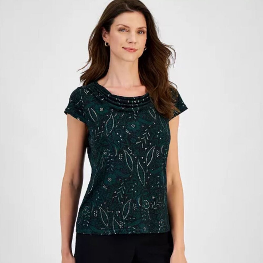 Kasper Women's Cap Sleeve Cowl Neck Printed Top Size XL
